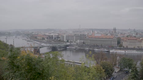 Overlook-of-Prague-with-bridges-over-Vltava-River,-panning-camera-movement