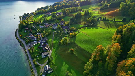 Aerial-view-captures-serene-lake-and-charming-villages-of-Attersee,-Austria