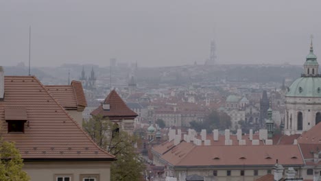 Schwenkaufnahme-Der-Historischen-Architektur-Und-Stadtlandschaft-Prags,-Bewölkter-Himmel