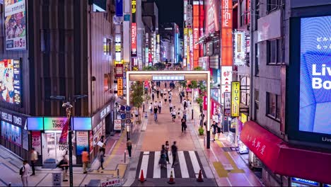 Nachtzeitraffer-Von-Fußgängern,-Leuchtreklamen-Und-Lichtern-In-Der-Fußgängerzone-Der-Innenstadt-An-Der-Musashino-Street-In-Shinjuku,-Tokio,-Japan