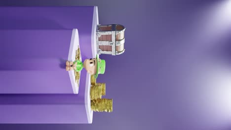 vertical-of-saint-patrick-day-Ireland-concept-Irish-dwarf-sitting-on-pedestal-for-product-online-e-commerce-display-with-gold-treasure-and-money-coin-in-purple-background