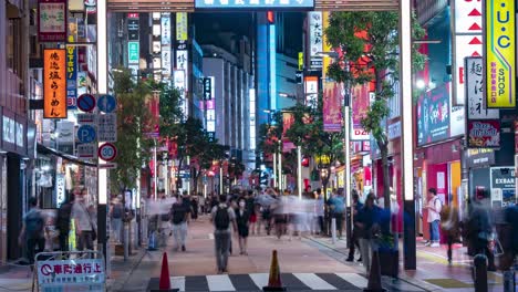 Vista-De-La-Calle-Lapso-Nocturno-De-Letreros-De-Neón-Y-Luces-En-La-Calle-Peatonal-Del-Centro-En-La-Calle-Musashino-En-Shinjuku,-Tokio,-Japón