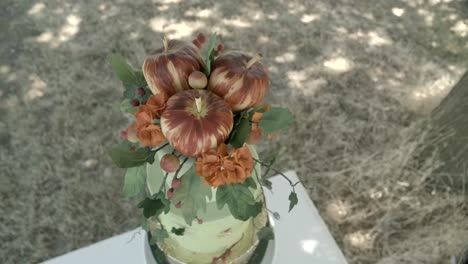 Top-view-of-a-green-and-gold-wedding-cake-adorned-with-crisp-apples-stands-as-a-centrepiece-on-an-outdoor-table,-radiating-natural-beauty-and-organic-elegance-perfect-for-a-wedding-celebration