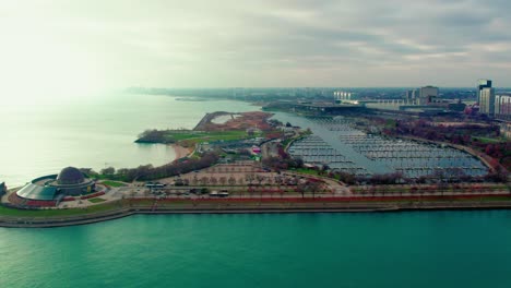 Drone-shot-over-waterfront-and-Alder-Planetarium-from-Chicago-USA