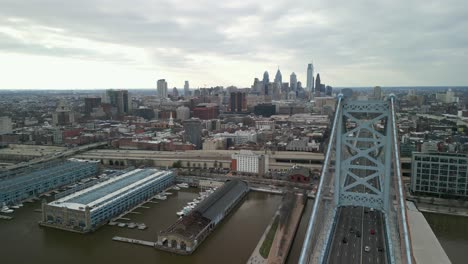 Aerial-drone-view-of-the-Ben-Franklin-Bridge-with-the-Philadelphia,-Pennsylvania-skyline-in-the-background