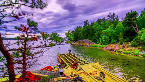Building-a-wooden-boat-dock-on-a-lake---sliding-motion-time-lapse-cloudscape