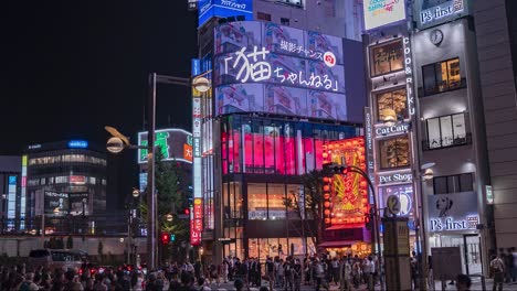 Lapso-Nocturno-De-Tráfico-Y-Multitudes-De-Personas-Caminando-En-El-Cartel-De-Pantalla-LED-3D-Que-Presenta-Al-Famoso-Gato-Shinjuku-En-Internet-En-El-Centro-De-Shinjuku-Tokio,-Japón