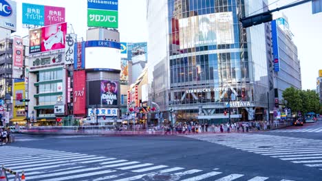Street-view-of-crowds-and-traffic-at-Shibuya-Crossing-Day-Time-Lapse-in-Tokyo,-Japan-TILT