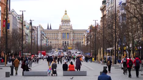 Wenceslas-Square-and-National-Museum-in-the-background,-Prague,-Czech-Republic