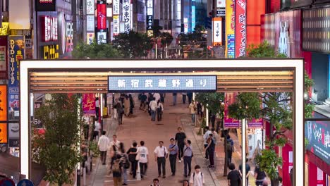 Nachtzeitraffer-Von-Leuchtreklamen-Und-Lichtern-In-Der-Fußgängerzone-Der-Innenstadt-An-Der-Musashino-Street-In-Shinjuku,-Tokio,-Japan