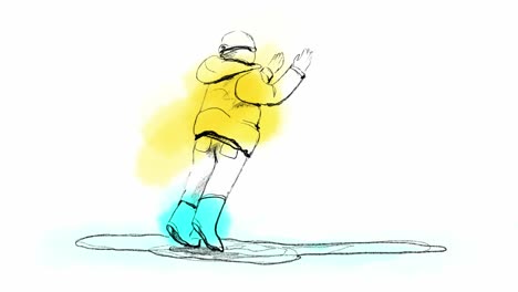 Hand-drawn-animation-of-a-kid-jumping-through-puddles-wearing-yellow-raincoat-jacket-and-blue-boots