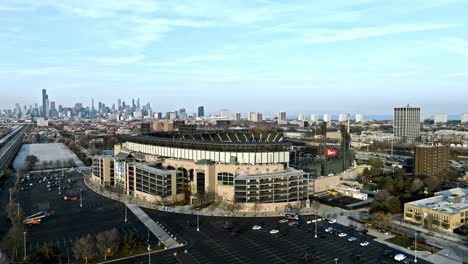 Drone-shot-circling-the-Guaranteed-Rate-Field-stadium,-in-sunny-Chicago,-USA