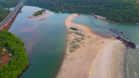 Beautiful-tropical-forest-on-the-coast-at-Galgibaga-beach,-Goa-India-4K-Drone