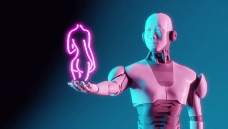 Futuristische-Harmonie:-Roboter-Hält-Eine-Neonfarbene-Weibliche-Silhouette