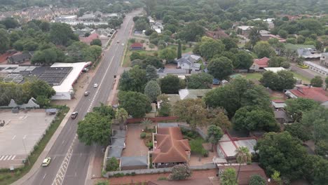 Bird's-eye-view-of-the-main-road-along-the-residential-area-of-Centurion,-South-Africa