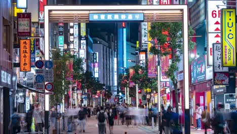 Straßenansicht,-Nächtlicher-Zeitraffer-Von-Leuchtreklamen-Und-Lichtern-In-Der-Fußgängerzone-Der-Innenstadt-An-Der-Musashino-Street-In-Shinjuku,-Tokio,-Japan