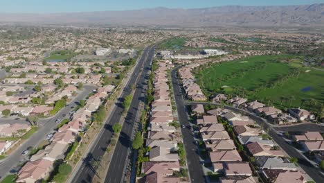 Indio,-California-neighborhood-and-Heritage-Palms-Golf-Course-in-Indio,-California-with-drone-video-moving-forward