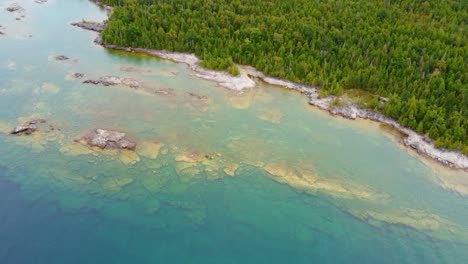 Aerial-Drone-Fly-Above-Blue-Coastline-with-Pine-Forest-of-Gregorian-Bay-Canada-Beautiful-Panoramic-Landscape