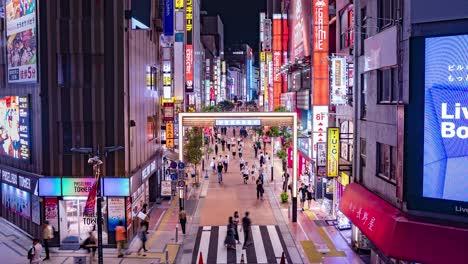 Nachtzeitraffer-Von-Fußgängern,-Leuchtreklamen-Und-Lichtern-In-Der-Fußgängerzone-Der-Innenstadt-In-Der-Musashino-Street-In-Shinjuku,-Tokio,-Japan