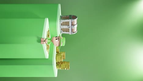 saint-patrick-day-Ireland-concept-Irish-dwarf-sitting-on-pedestal-for-product-online-e-commerce-display-with-gold-treasure-and-money-coin-vertical-green-background