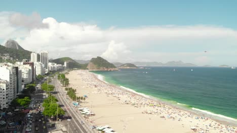 Beautiful-aerial-of-world-famous-Copacabana-beach-and-urban-area-in-Brazil