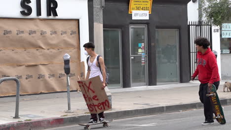 Skateboarder-Mit-„Fix-The-System“-Schild-Bei-Black-Lives-Matter-Protest,-Los-Angeles,-Kalifornien,-USA