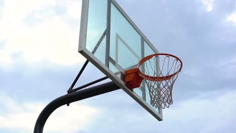 An-Einem-Bewölkten,-Regnerischen-Tag-Sind-Das-Basketball-Rückbrett-Und-Das-Netz-Nass-Und-Tropfend-Mit-Wasser
