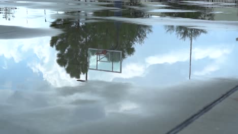 Reflexionen-Im-Nassen-Basketballplatzspiegel,-Der-Spielplatzkorb-Und-Bäume-Reflektiert