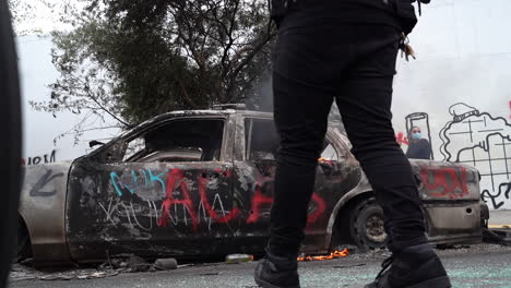 Destroyed-Car-on-Fire-During-Black-Lives-Matter-Protest-in-Los-Angeles,-USA