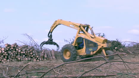 Timber-Loading-Logs-In-The-Forest-during-Deforestation-process,-panning-shot