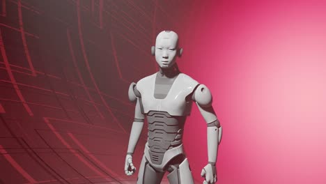 Prototypenfabrik-Für-Humanoide-Roboter-Mit-Künstlicher-Intelligenz,-Die-Vor-Rotem-Hintergrund-Steht-Und-Sich-Langsam-Bewegt,-Um-Neue-Technologien-Zu-Testen