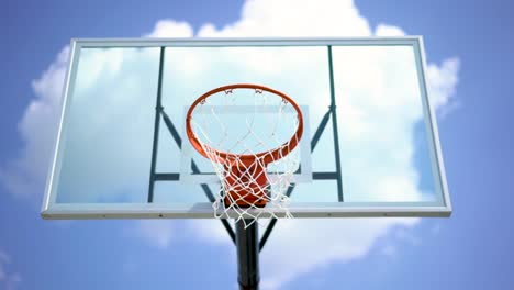 Looking-up-at-basketball-backboard-and-hoop-against-clear-blue-sky