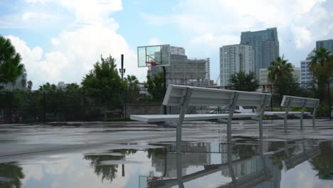 Empty-wet-playground-basketball-court-under-urban-skyscraper-business-district-cityscape