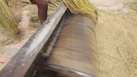 Landwirte-Nutzen-Eine-Pedalbetriebene-Weizendreschmaschine-In-Madagaskar
