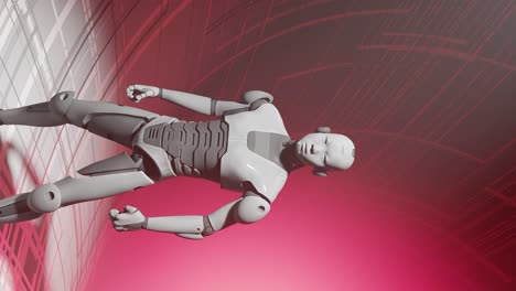 Roboter-Cyber-Humanoid-Isoliert-Auf-Rotem-Hintergrund,-Der-Sich-Langsam-Bewegt,-Als-Prototyp-Eines-Futuristischen-Projekts-Für-Künstliche-Intelligenz