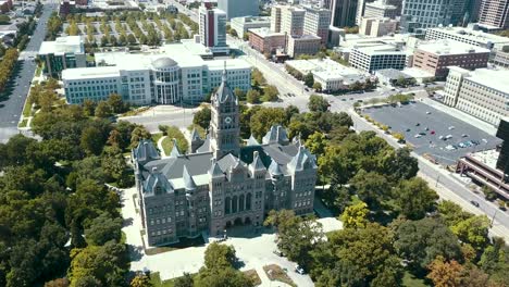 Washington-square-clock-tower-and-historic-courthouse-building-aerial-view