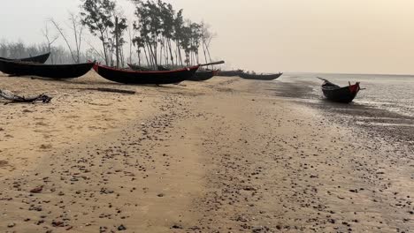 Rows-of-fishing-boats-kept-near-the-coastline-of-a-beach-with-few-trees-behind-them-during-evening-in-Bengal,-India