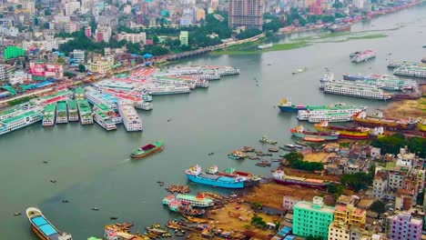 Harbor-and-cityscape-of-Dhaka,-Bangladesh,-aerial-drone-view