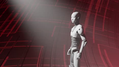 robot-humanoid-cyber-standing-in-front-of-a-light-moving-slowing-both-sides-as-prototype-of-artificial-intelligence