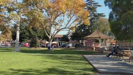 People-standing-in-the-park-and-car-parked-on-street-in-Solvang,-California-on-a-sunny-day-in-winter---Static-Shot