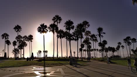 People-walking-and-riding-bikes-around-Venice-Beach-boardwalk,-during-sunset-golden-hour,-under-palm-trees-with-the-sun-in-the-background