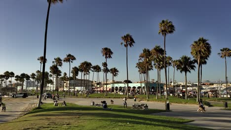 Venice-Beach-boardwalk-with-people,-in-the-evening,-under-palm-trees-and-with-shops-in-background-during-covid-19-pandemic---handheld-static-shot