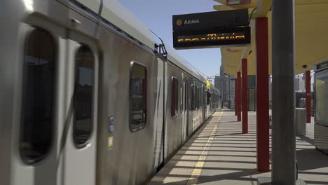 Close-up-passing-shot-of-metro-train-leaving-Chinatown-Station-in-Downtown-Los-Angeles