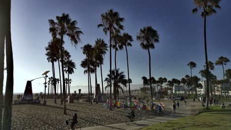People-walking-and-riding-bikes-along-Venice-Beqch-Boardwalk-with-palm-trees-skatepark-in-backgound-at-sunset,-golden-hour,-in-Los-Angeles,-CA