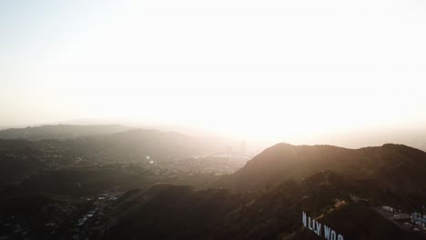 Sunset-Over-Hollywood-Sign-and-Los-Angeles,-California-USA,-Drone-Aerial-View