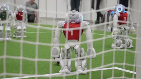 Blick-Hinter-Das-Fußballtornetz-Von-Nao-Robotern,-Die-Beim-Turnier-In-Montreal-Fußball-Spielen