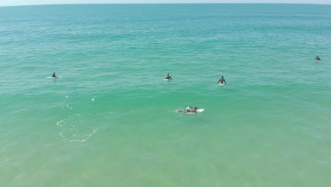 Luftaufnahme-Eines-Paddelnden-Surfers,-Während-Andere-Am-Praia-Do-Santinho,-Brasilien,-Auf-Die-Nächste-Welle-Warten-–-4k,-24-Fps