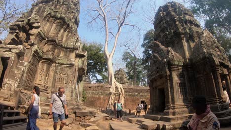 In-Einem-Der-Berühmtesten-Tempel-Kambodschas-Spazieren-Touristen-Zwischen-Ruinen-Und-Bäumen-Umher,-Die-Die-Architektur-Des-Sets-Des-Tomb-Raider-Films-übernehmen