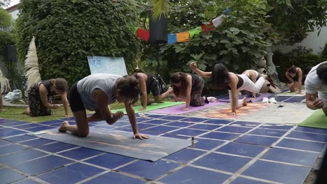 Gente-Practicando-Yoga-Estirándose-Juntas-En-La-Naturaleza-Verde,-Estirando-El-Cuerpo,-Lima,-Perú.