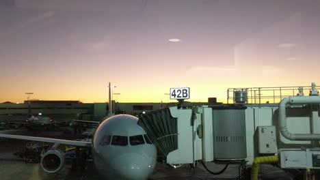 Sunrise-shot-of-an-airliner-loading-luggage-and-preparing-for-boarding-in-LAX-Los-Angeles-airport,-California,-America